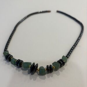 Vintage Hematite and Green Stone Beaded Necklace – 18" Heavy Strand